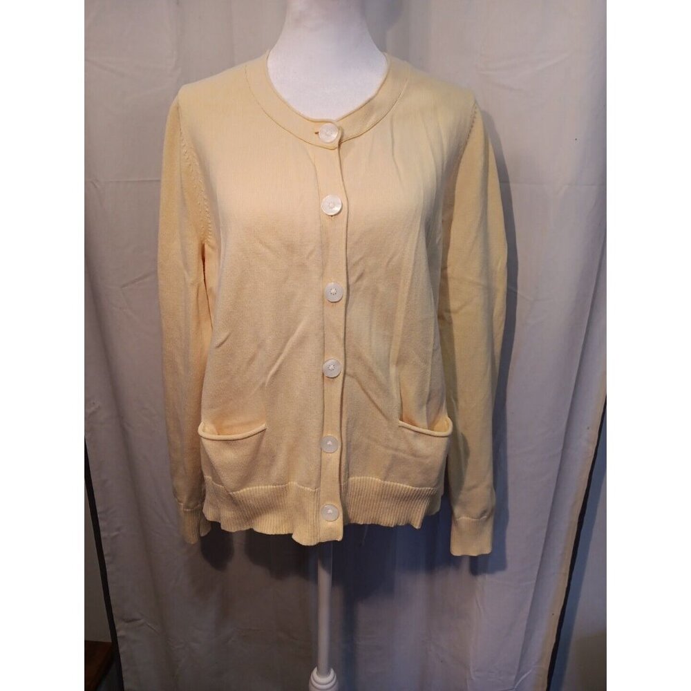 J Jill Cardigan Sweater Womens Size L Yellow Button Up Scoop Neck Knit Pockets‎